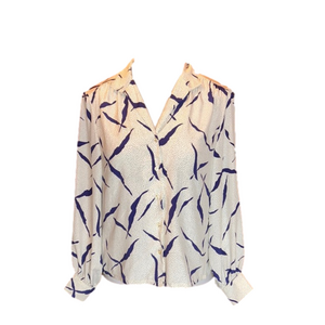 BLEYLE Vintage Navy Blue & Cream Print Button Down Blouse Size 8